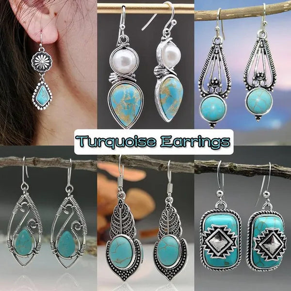 1Pair New Boho Ethnic Earrings for Women with Turquoise Gem Natural Stone Beads Earring Water Drop Hook Earring Vintage Jewelry