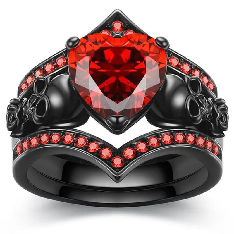 Gothic Black Rose Flower Skull Engagement Rings Set