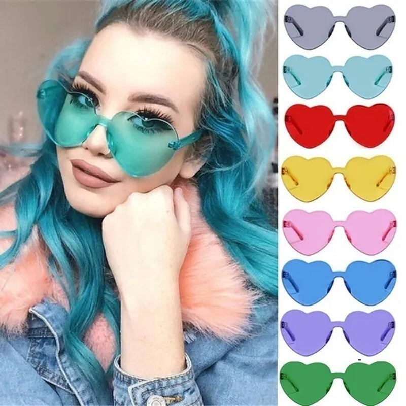 Love Heart Shape Sunglasses Women Rimless Frame Tint Clear Lens Colorful Sun Glasses Red Pink Yellow Shades