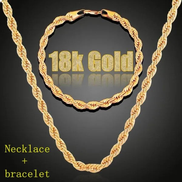 (Necklace + Bracelet) New Luxury Men and Women 18-karat Gold European Classic Silver Twist Necklace Bride Engagement Ornaments