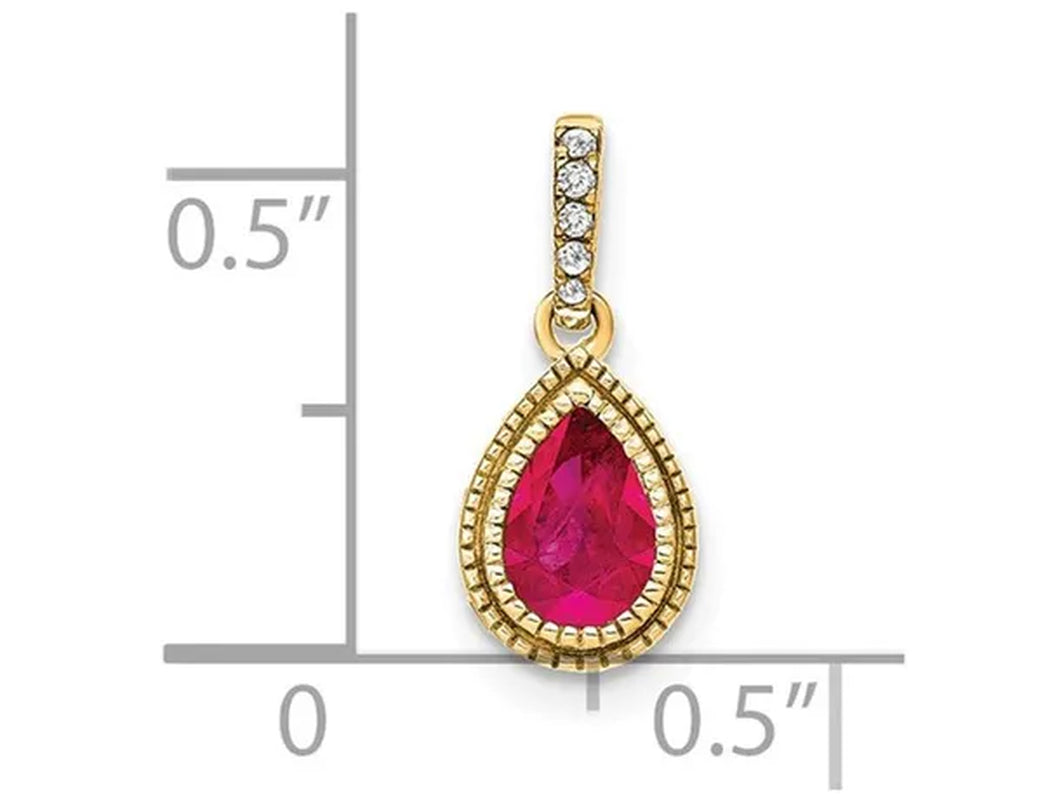 3/10 Carat (ctw) Natural Drop Ruby Pendant Necklace in 14K Yellow Gold with Diamonds and Chain